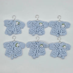 Blue Mini Crochet Party Favor Baby Jackets - Tiny Handmade Keepsakes with Silver Hanger & Rack Options for Baby Shower or Baptism - 6 pcs