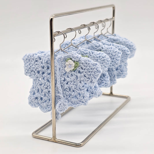 Blue Mini Crochet Party Favor Baby Jackets - Tiny Handmade Keepsakes with Silver Hanger & Rack Options for Baby Shower or Baptism - 6 pcs