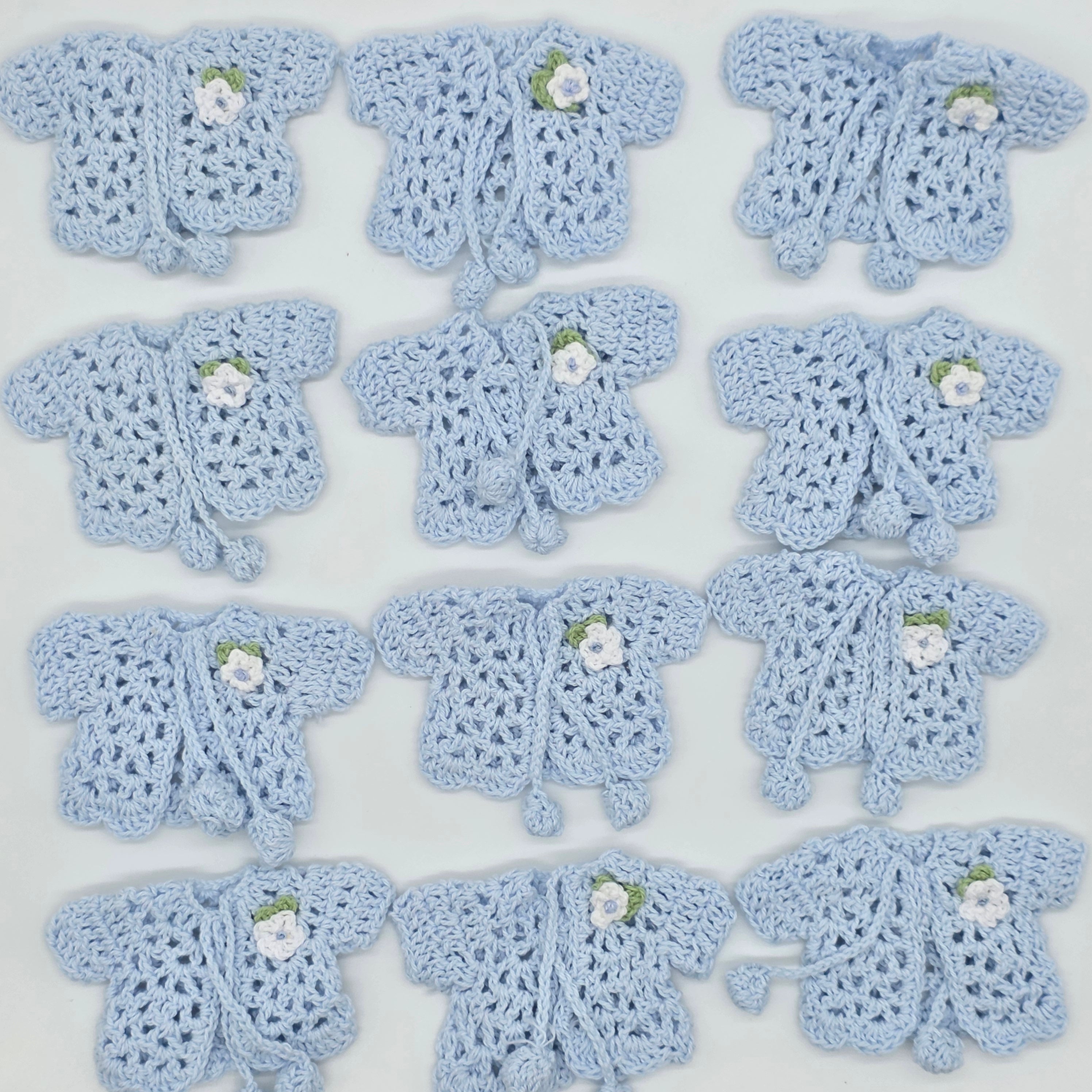 Blue Mini Crochet Party Favor Baby Jackets - Tiny Handmade Keepsakes with Silver Hanger & Rack Options for Baby Shower or Baptism - 6 pcs