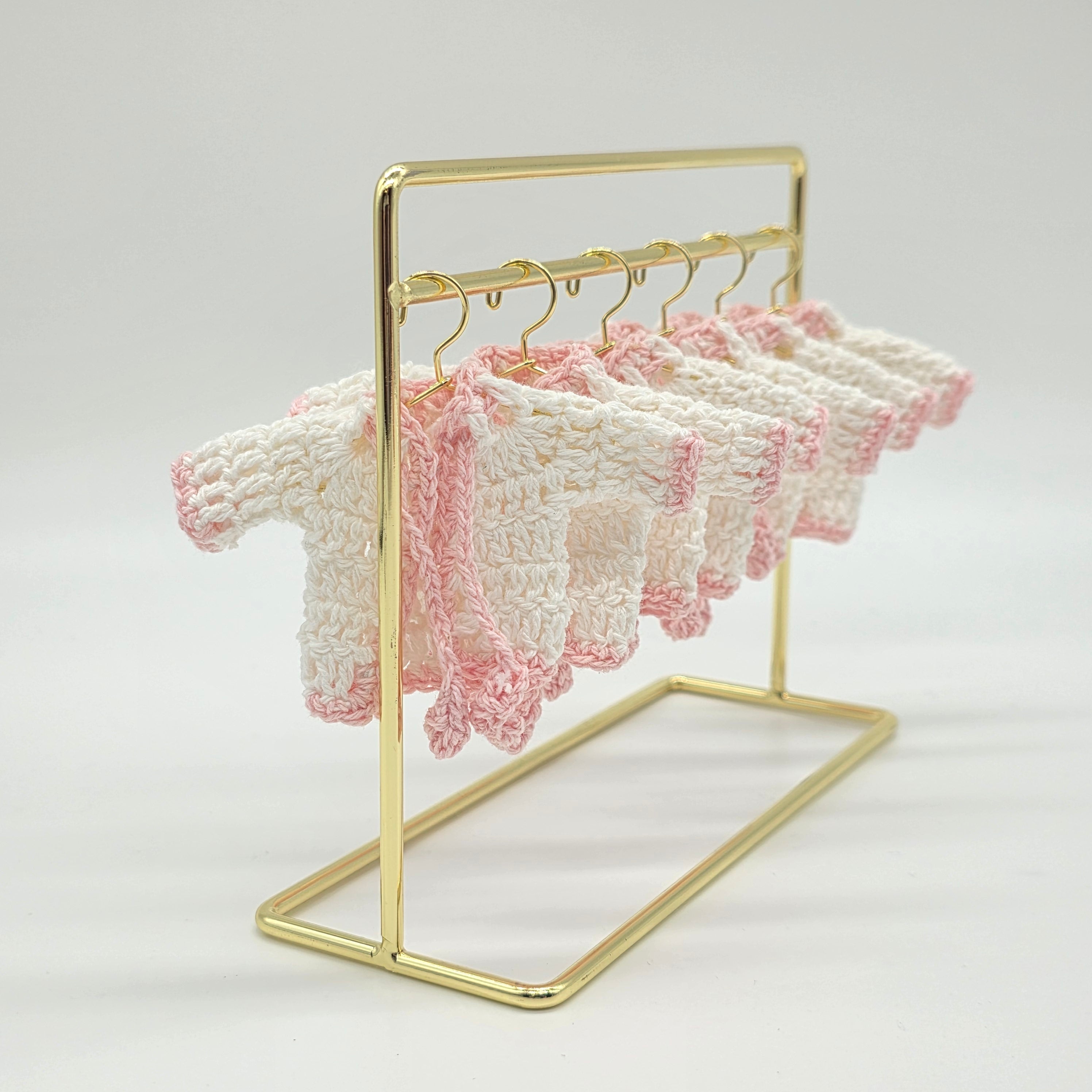 Mini Crochet Baby Jacket Favors (Set of 6) – Pink & White Handmade Keepsakes with Hanger & Rack Options
