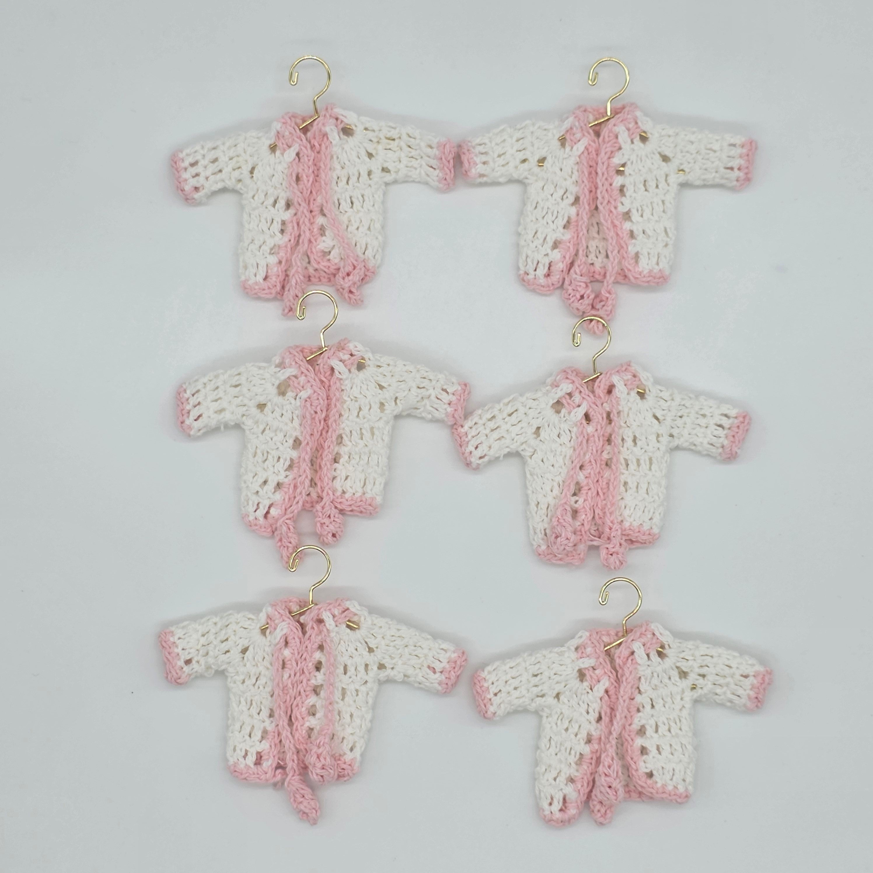 Mini Crochet Baby Jacket Favors (Set of 6) – Pink & White Handmade Keepsakes with Hanger & Rack Options