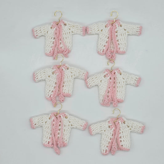 Mini Crochet Baby Jacket Favors (Set of 6) – Pink & White Handmade Keepsakes with Hanger & Rack Options