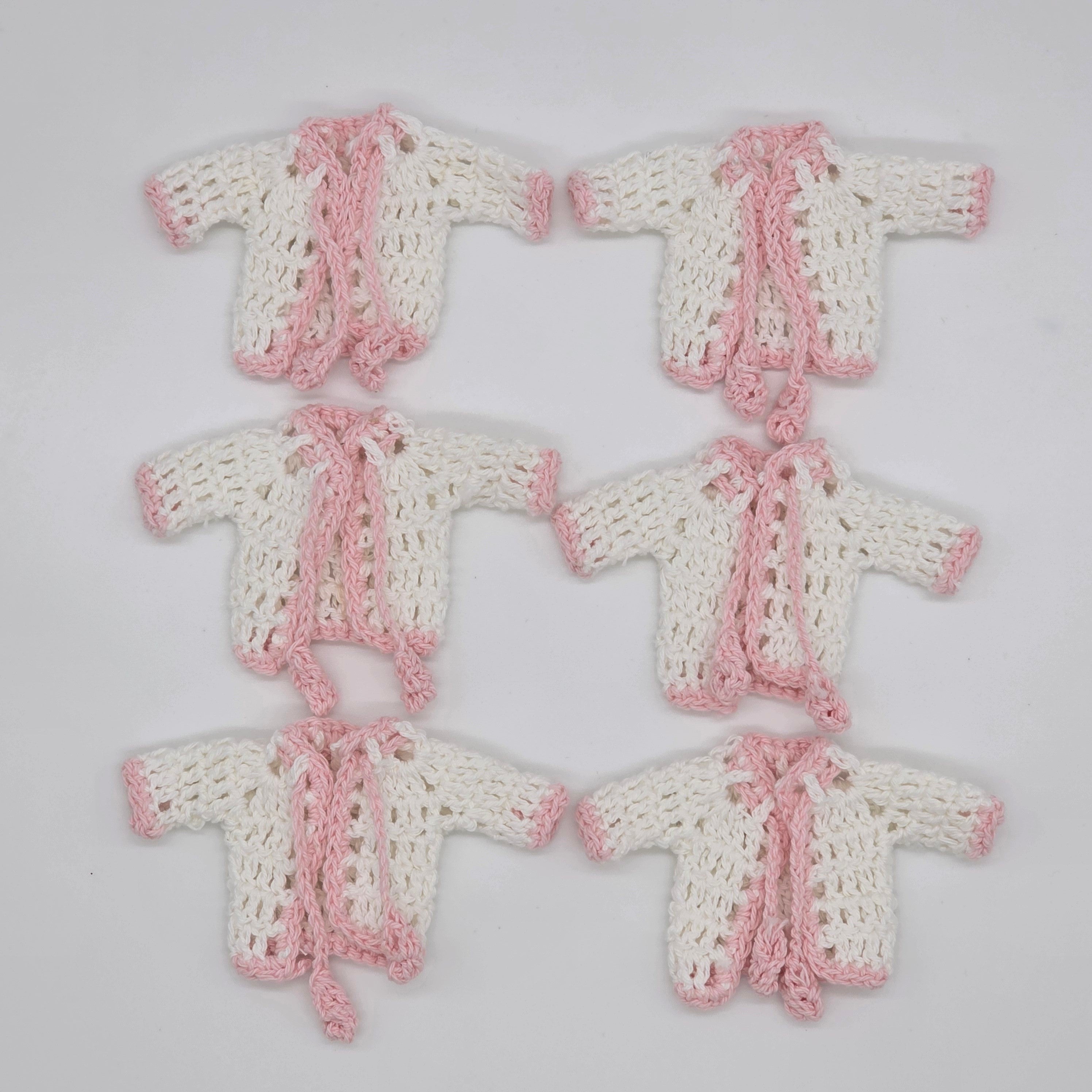 Mini Crochet Baby Jacket Favors (Set of 6) – Pink & White Handmade Keepsakes with Hanger & Rack Options