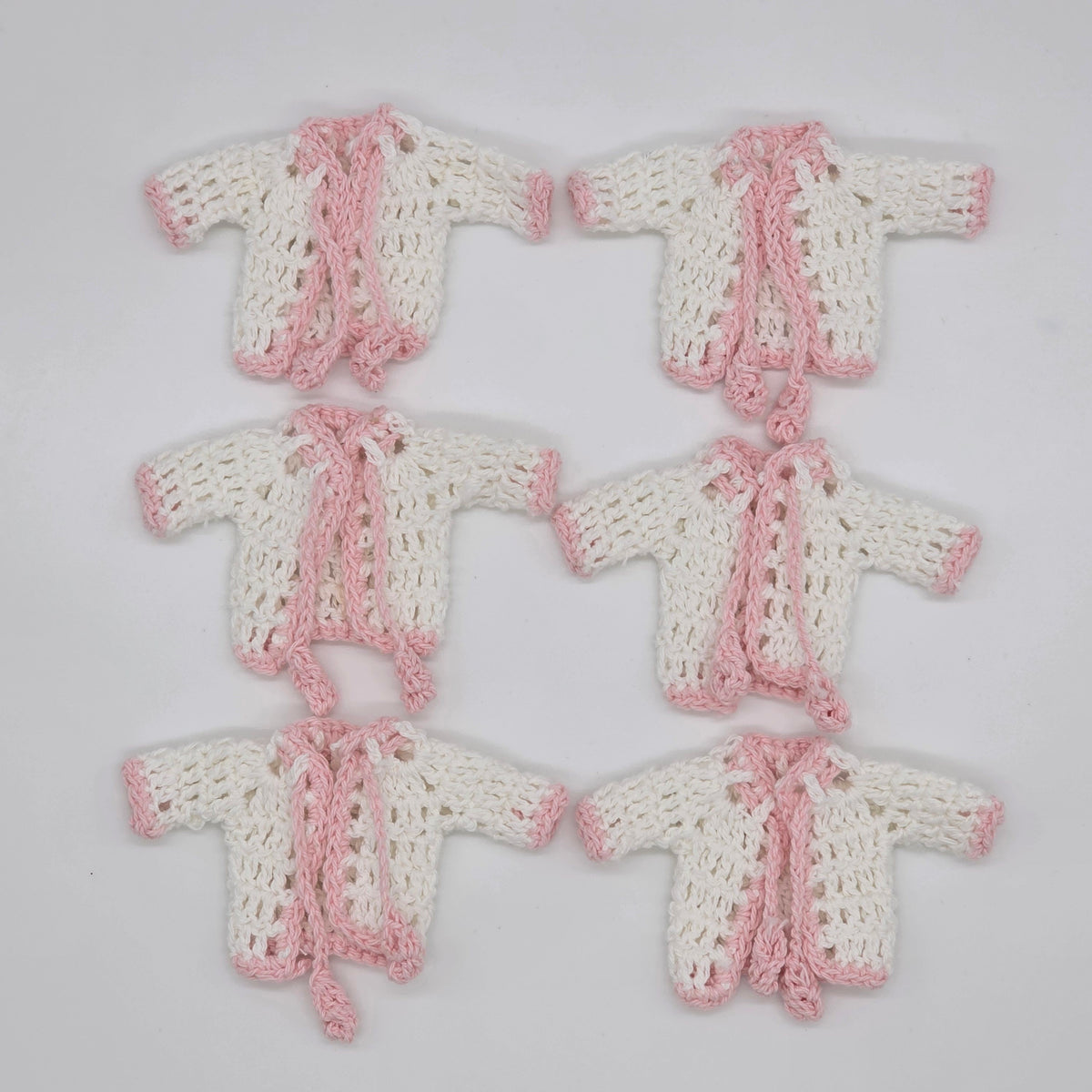Mini Crochet Baby Jacket Favors (Set of 6) – Pink & White Handmade Keepsakes with Hanger & Rack Options