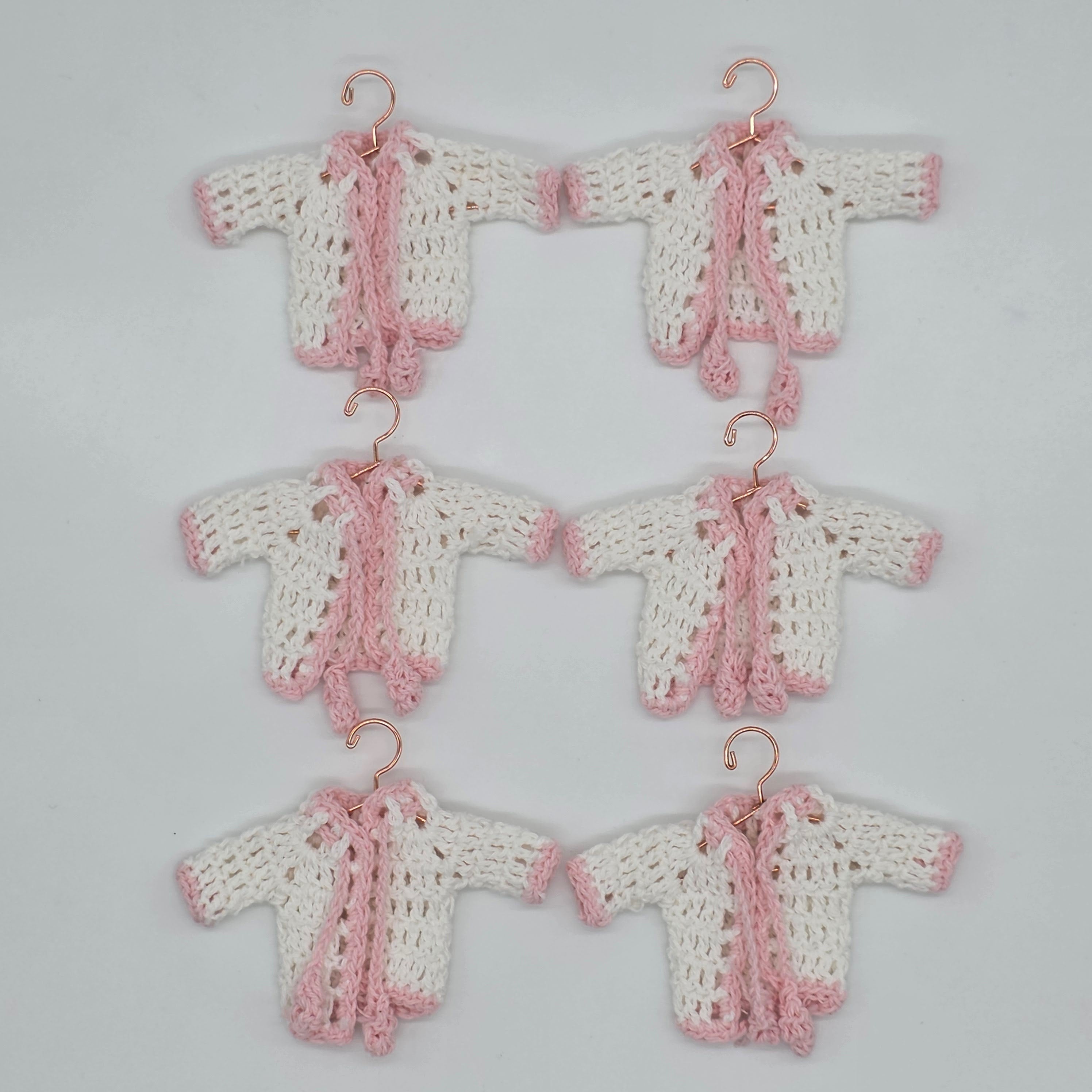 Mini Crochet Baby Jacket Favors (Set of 6) – Pink & White Handmade Keepsakes with Hanger & Rack Options