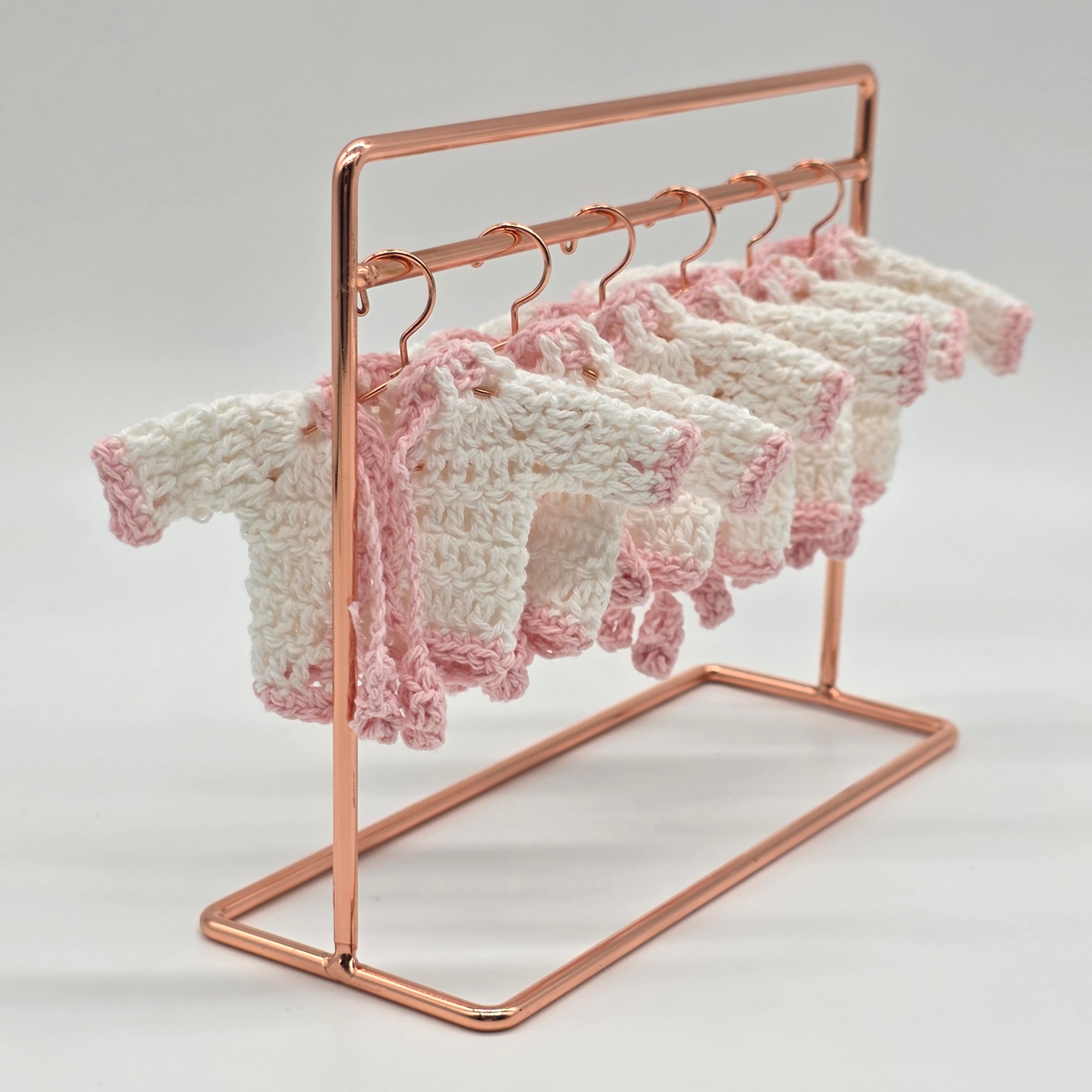 Mini Crochet Baby Jacket Favors (Set of 6) – Pink & White Handmade Keepsakes with Hanger & Rack Options