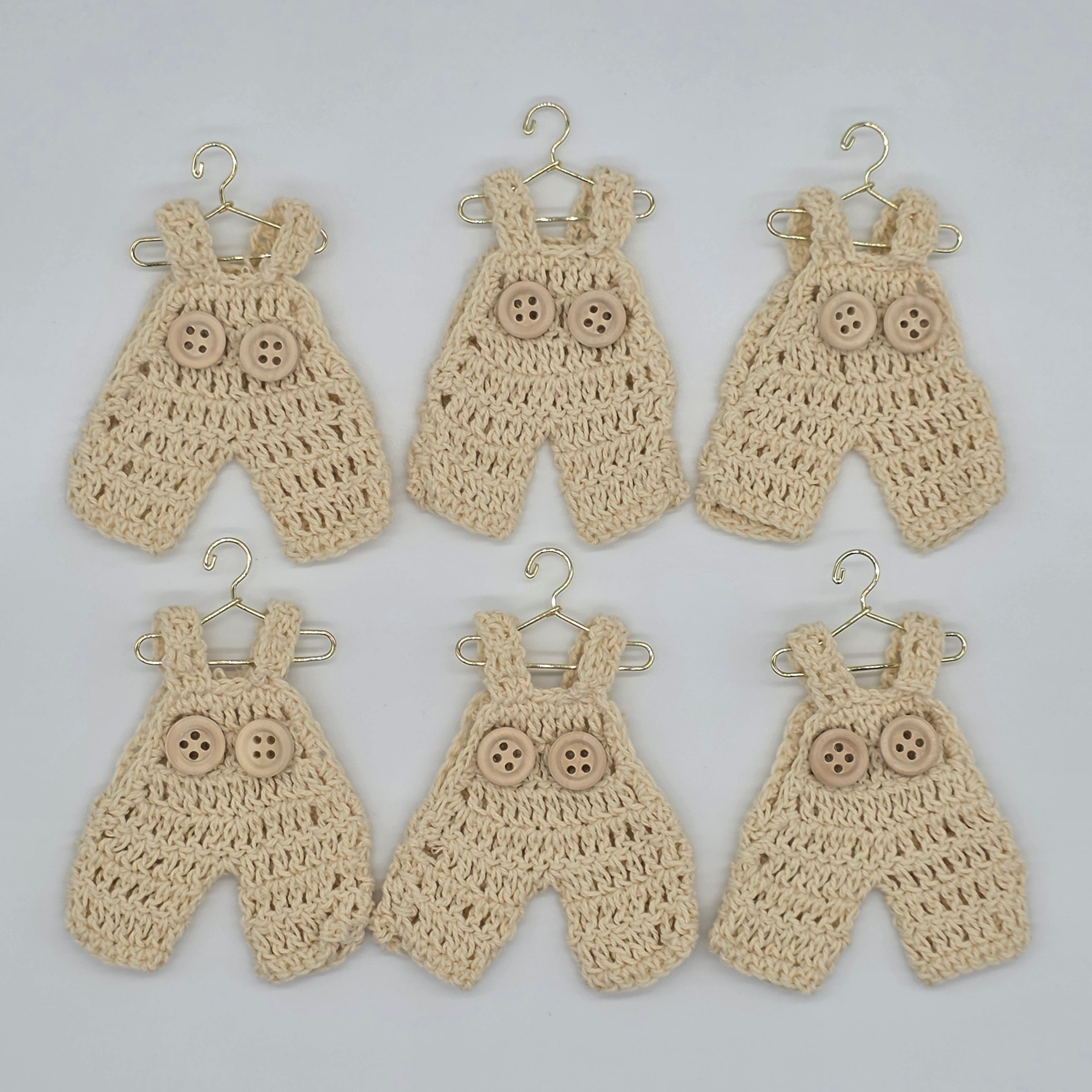Party Favor 6pk: Mini Cream Crochet Overalls 3" Party Gifts - Boho Baby Shower Keepsake & Decor