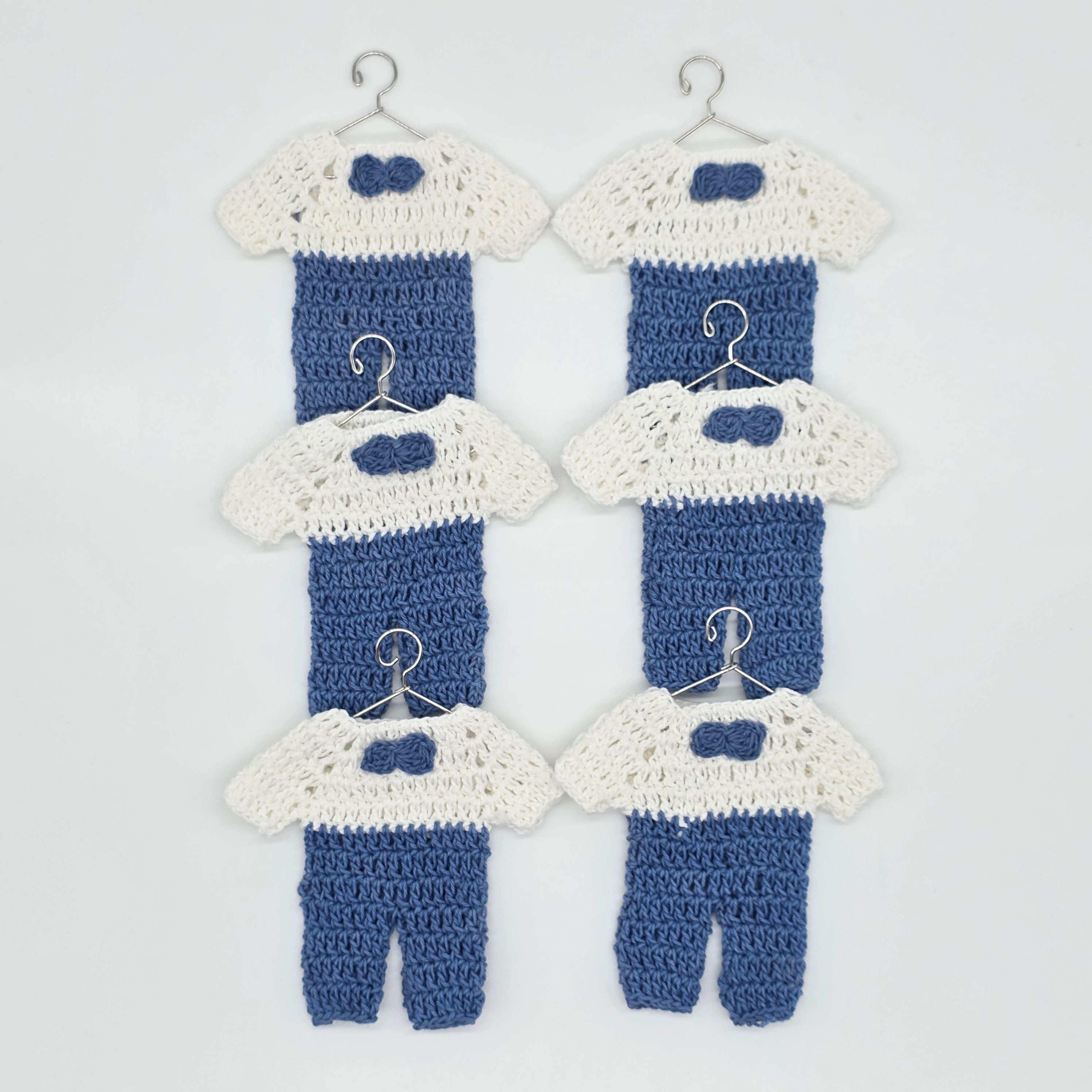 Mini Crochet Baby Shower Party Favors | Tiny Blue & White Party Gift Outfits with Bow Tie - 6 pieces with Hanger & Rack Options