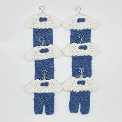 Mini Crochet Baby Shower Party Favors | Tiny Blue & White Party Gift Outfits with Bow Tie - 6 pieces with Hanger & Rack Options