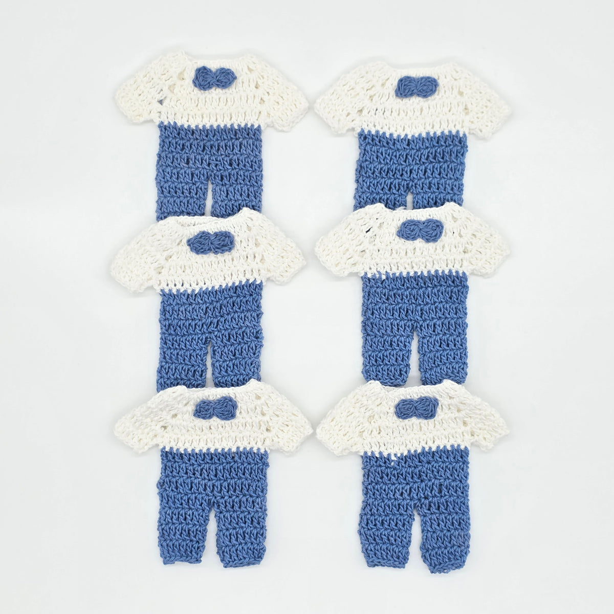 Mini Crochet Baby Shower Party Favors | Tiny Blue & White Party Gift Outfits with Bow Tie - 6 pieces with Hanger & Rack Options