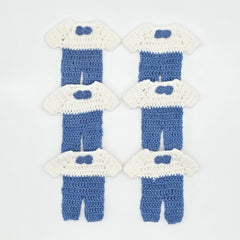 Mini Crochet Baby Shower Party Favors | Tiny Blue & White Party Gift Outfits with Bow Tie - 6 pieces with Hanger & Rack Options