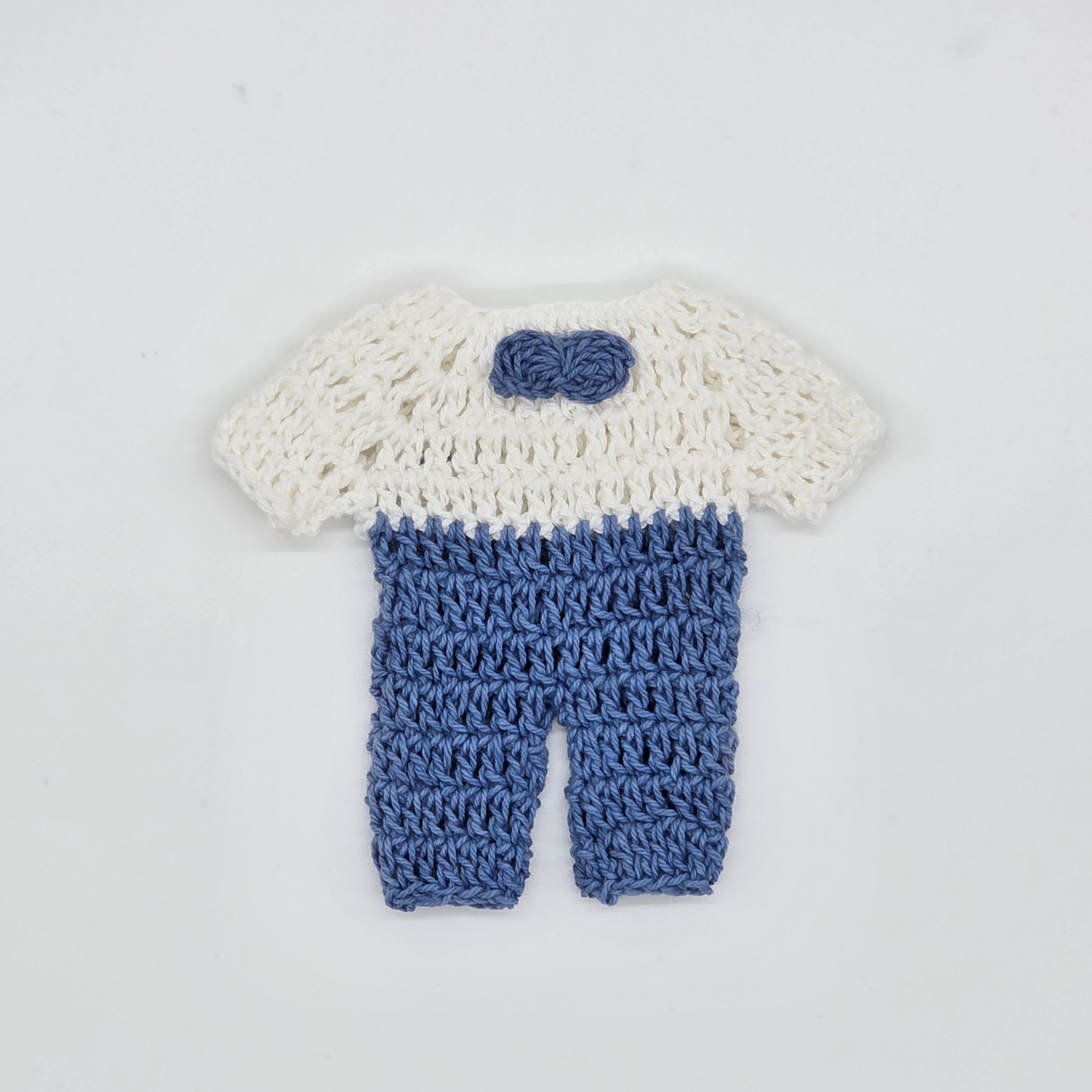 Mini Crochet Baby Shower Party Favors | Tiny Blue & White Party Gift Outfits with Bow Tie - 6 pieces with Hanger & Rack Options