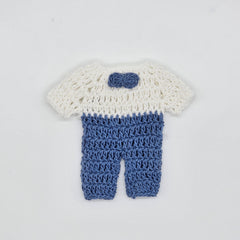 Mini Crochet Baby Shower Party Favors | Tiny Blue & White Party Gift Outfits with Bow Tie - 6 pieces with Hanger & Rack Options
