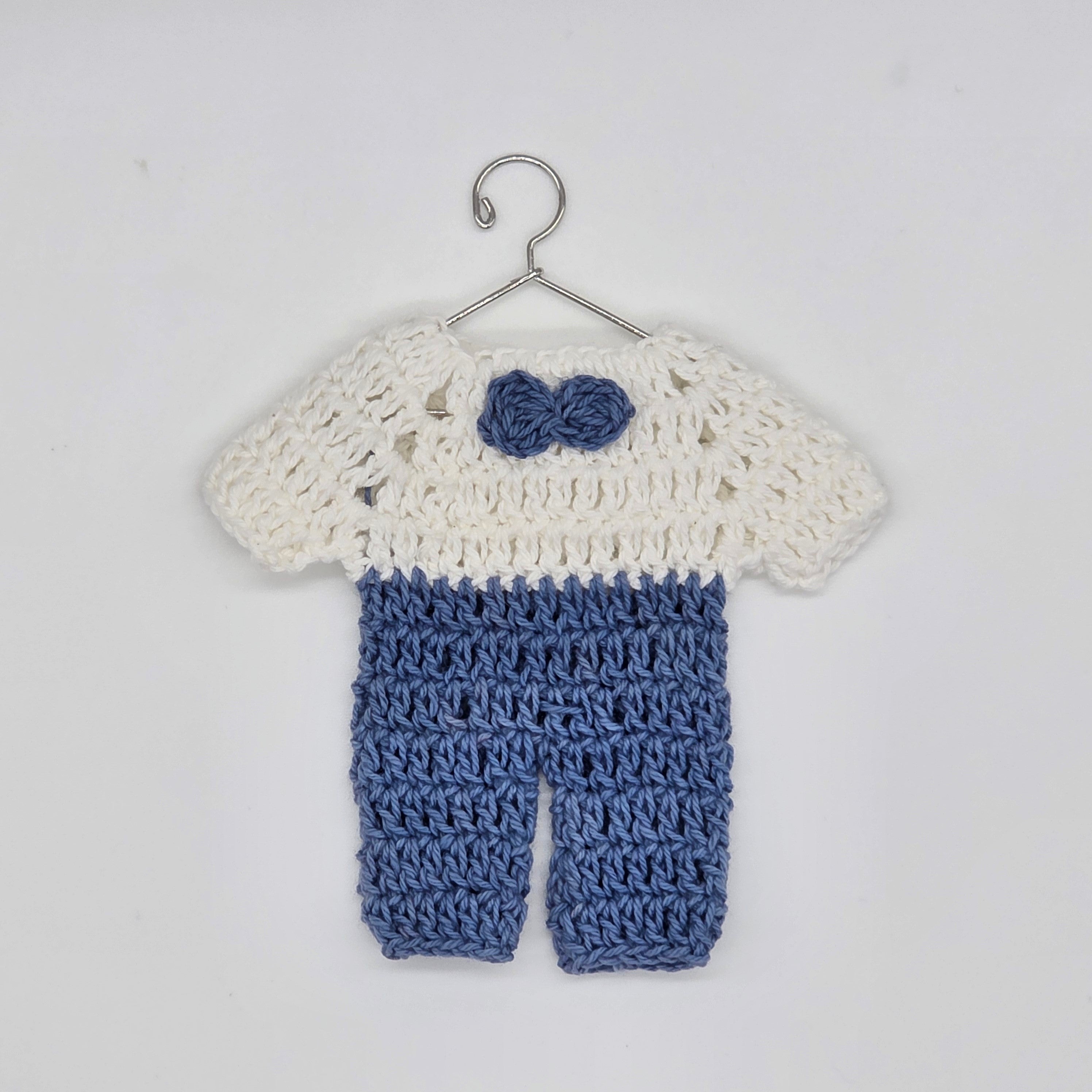 Mini Crochet Baby Shower Party Favors | Tiny Blue & White Party Gift Outfits with Bow Tie - 6 pieces with Hanger & Rack Options