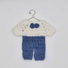 Mini Crochet Baby Shower Party Favors | Tiny Blue & White Party Gift Outfits with Bow Tie - 6 pieces with Hanger & Rack Options
