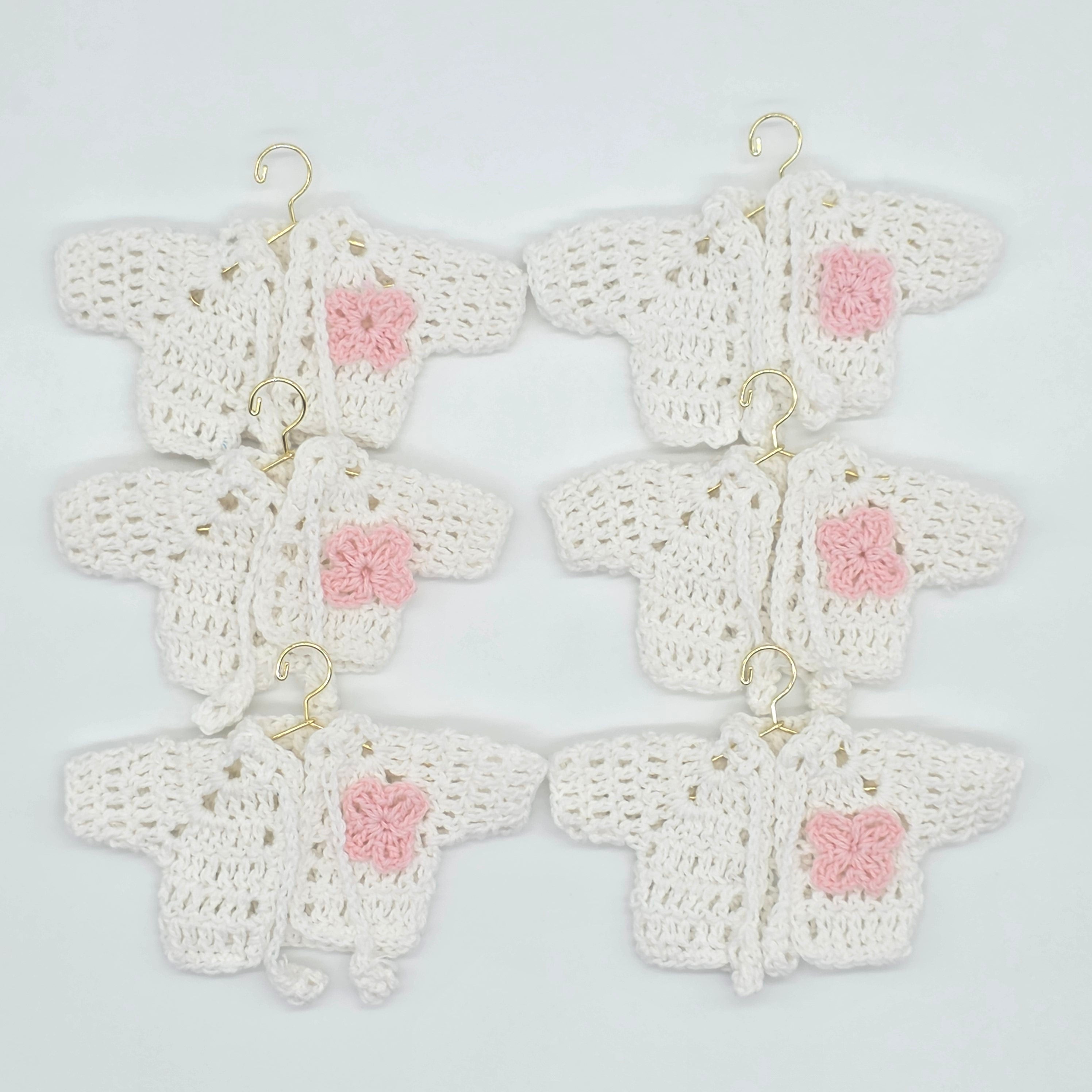 Set of 6 Mini Crochet Party Girfts - Baby Shower Favors - Tiny Jackets in White with Pink Flower & Drawstrings Keepsakes - Party Decor