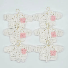 Set of 6 Mini Crochet Party Girfts - Baby Shower Favors - Tiny Jackets in White with Pink Flower & Drawstrings Keepsakes - Party Decor