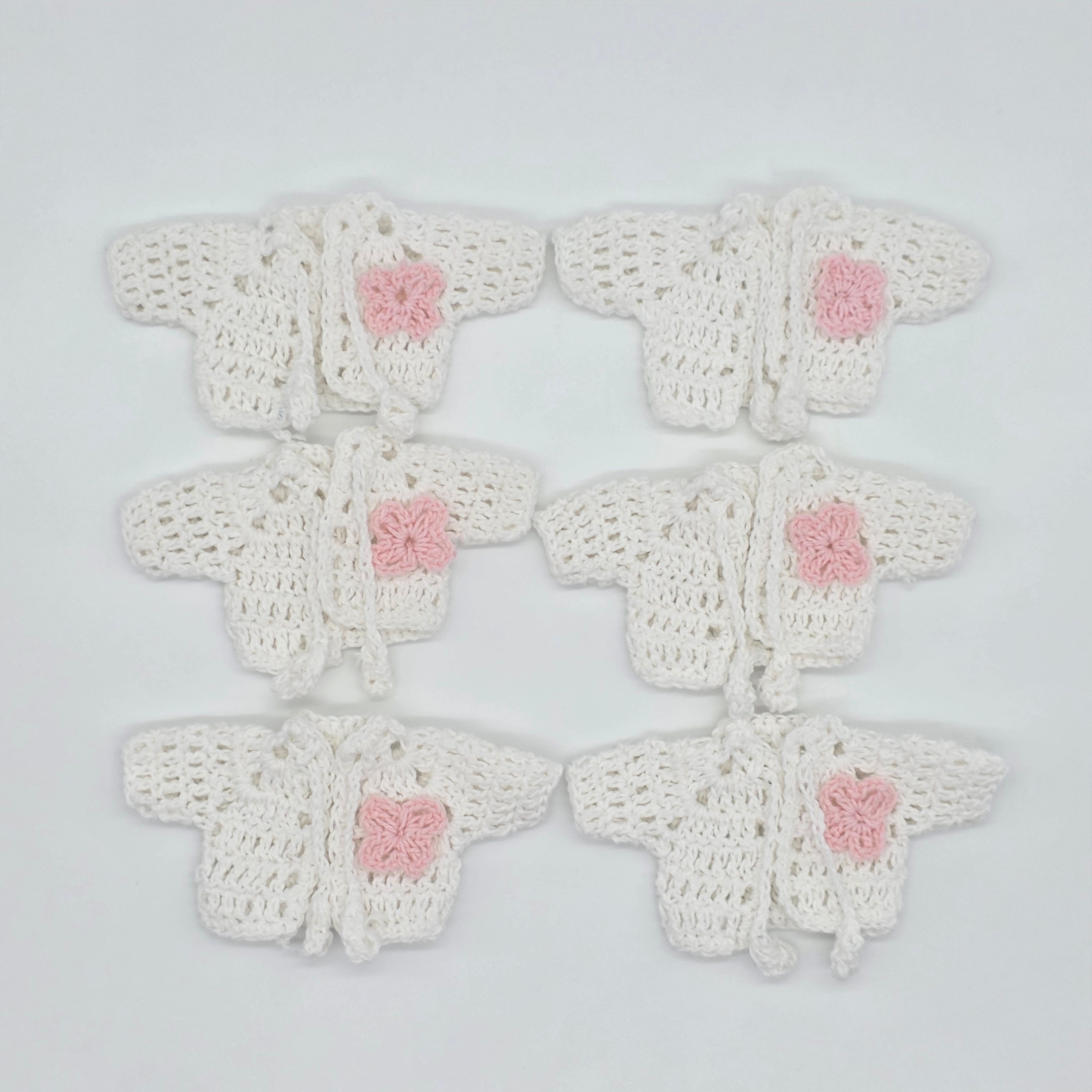 Set of 6 Mini Crochet Party Girfts - Baby Shower Favors - Tiny Jackets in White with Pink Flower & Drawstrings Keepsakes - Party Decor