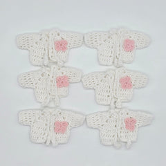 Set of 6 Mini Crochet Party Girfts - Baby Shower Favors - Tiny Jackets in White with Pink Flower & Drawstrings Keepsakes - Party Decor