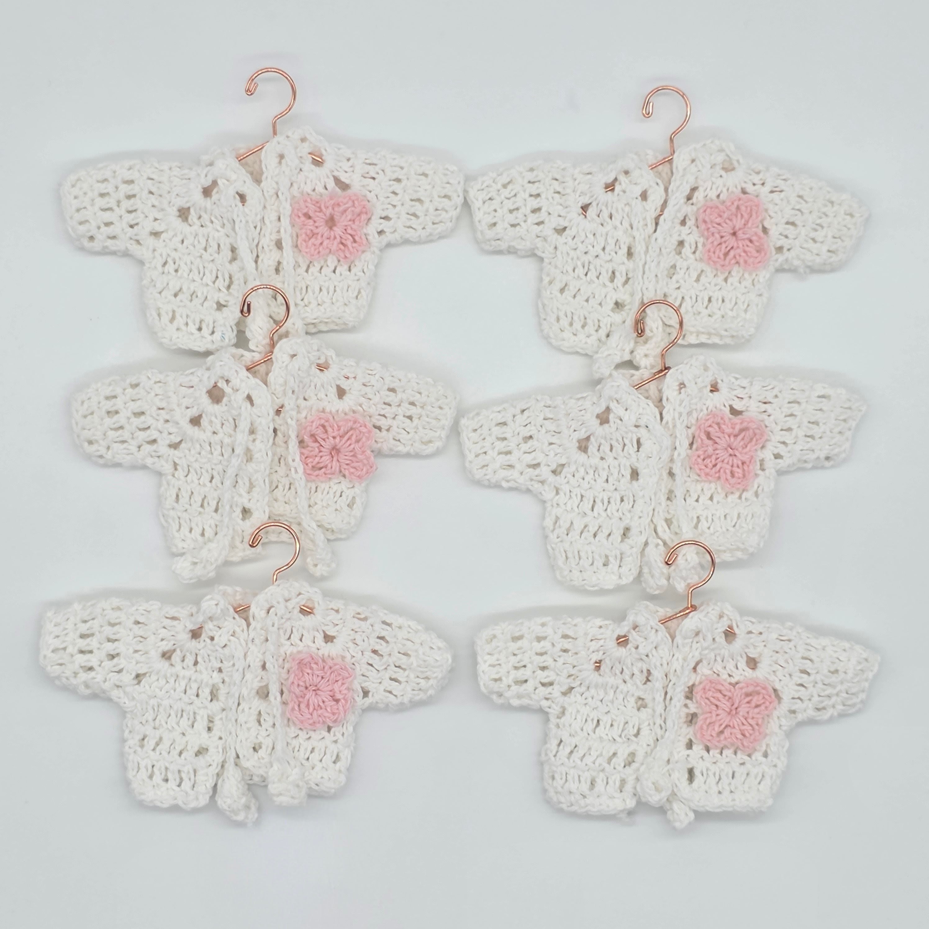 Set of 6 Mini Crochet Party Girfts - Baby Shower Favors - Tiny Jackets in White with Pink Flower & Drawstrings Keepsakes - Party Decor
