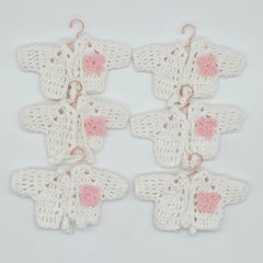 Set of 6 Mini Crochet Party Girfts - Baby Shower Favors - Tiny Jackets in White with Pink Flower & Drawstrings Keepsakes - Party Decor