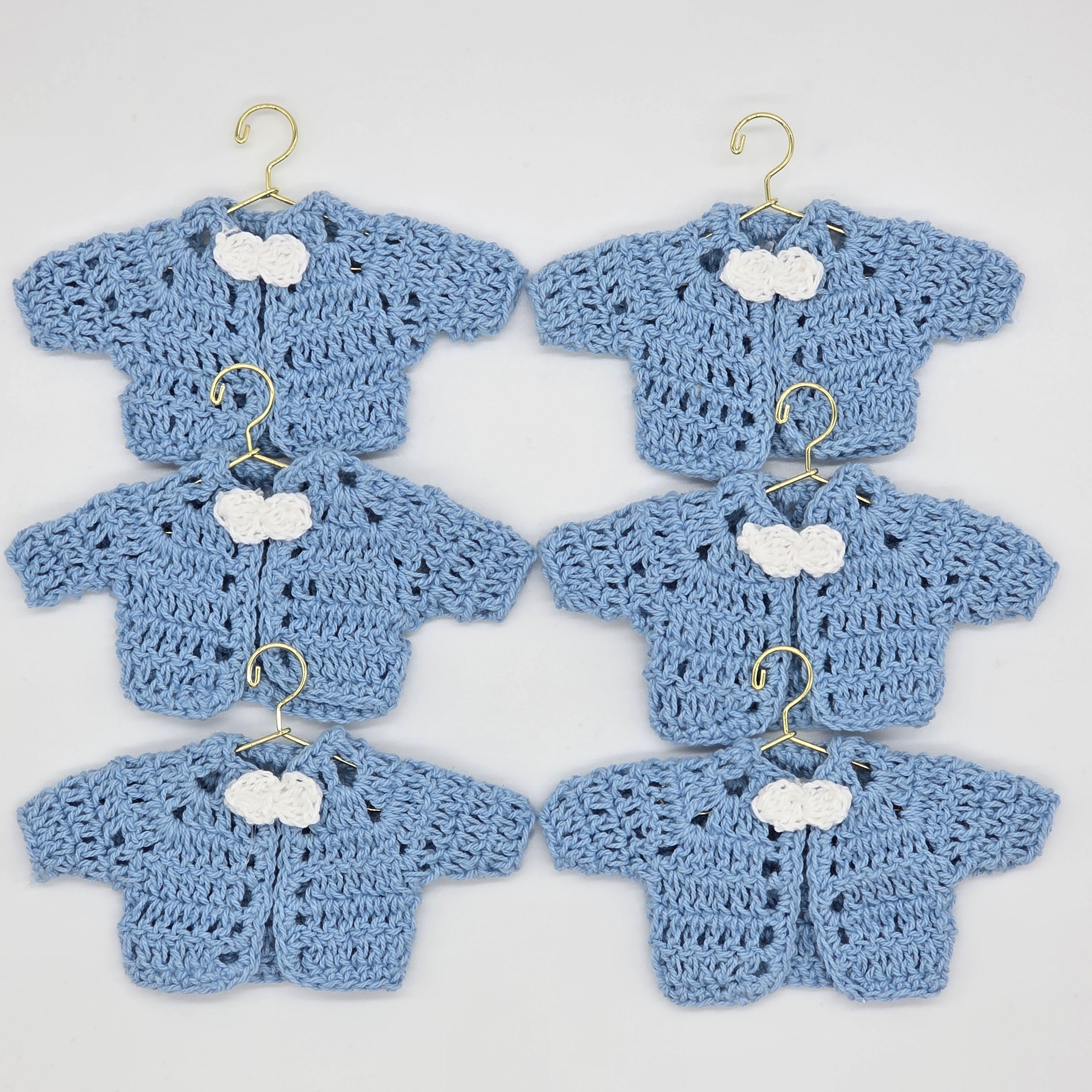 Tiny Crochet Baby Shower Party Gifts - Blue Mini Cardigan Jackets Favors with White Bow Ties - Gold Hanger & Rack Options - Handmade