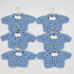 Tiny Crochet Baby Shower Party Gifts - Blue Mini Cardigan Jackets Favors with White Bow Ties - Gold Hanger & Rack Options - Handmade