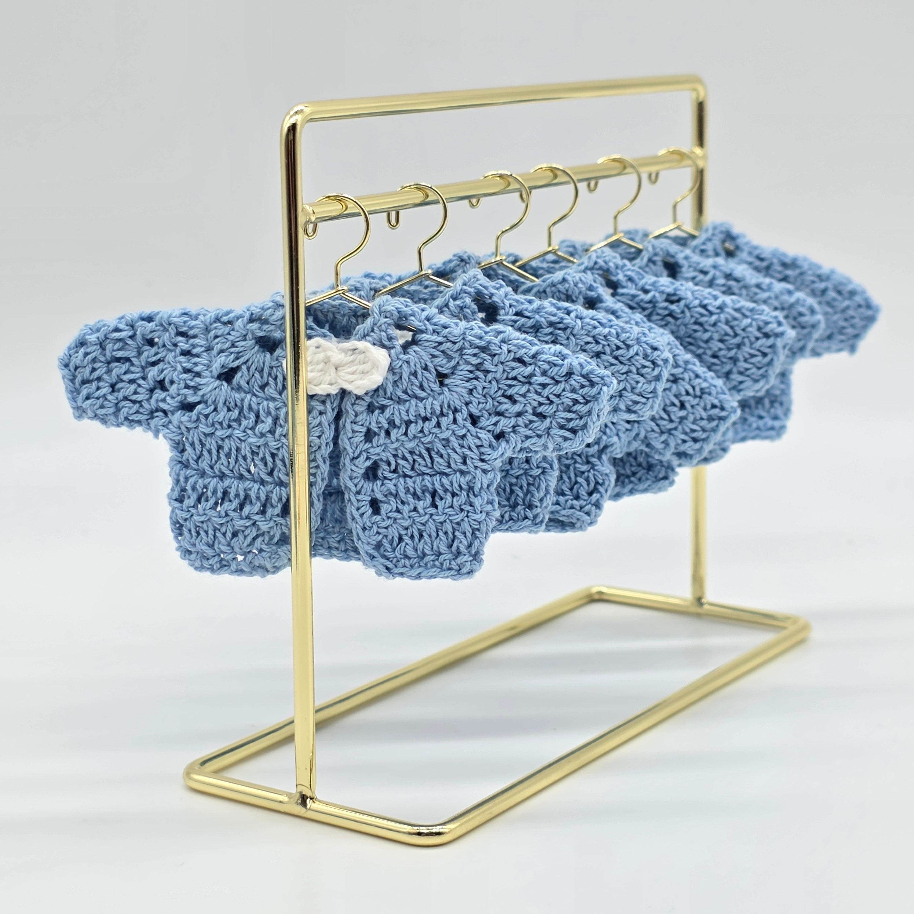 Tiny Crochet Baby Shower Party Gifts - Blue Mini Cardigan Jackets Favors with White Bow Ties - Gold Hanger & Rack Options - Handmade