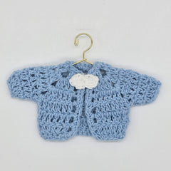 Tiny Crochet Baby Shower Party Gifts - Blue Mini Cardigan Jackets Favors with White Bow Ties - Gold Hanger & Rack Options - Handmade