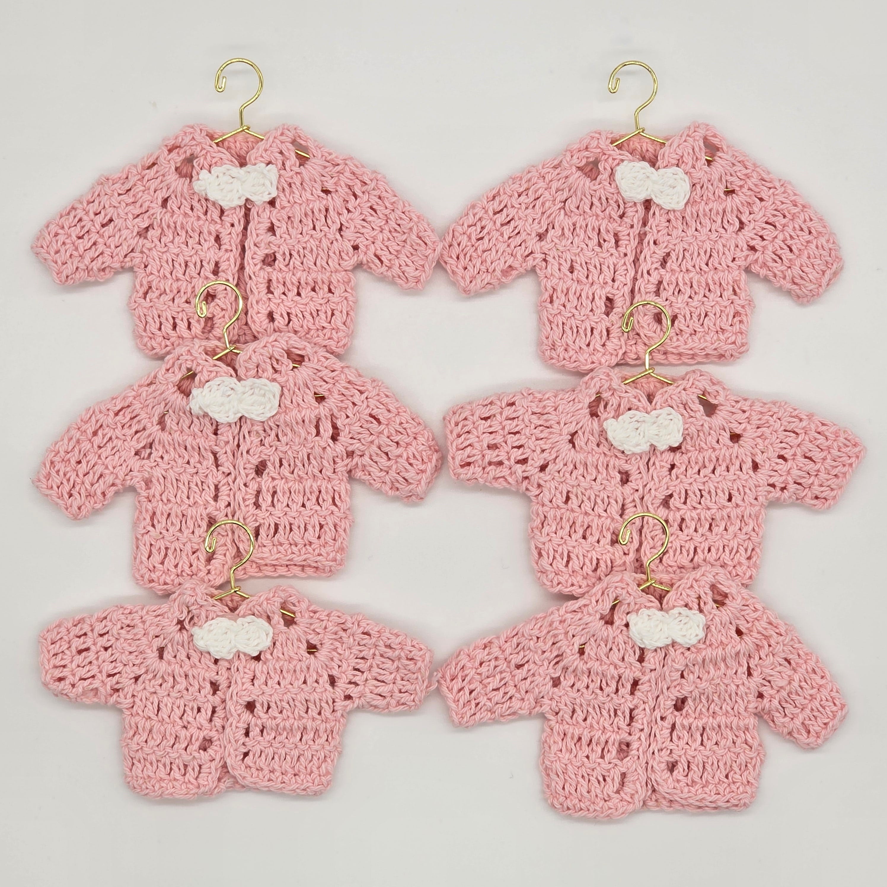 Tiny Crochet Baby Girl Party Gifts - Crochet Party Favors - Pink Mini Cardigans with White Bow Ties - Hanger & Rack Options - Handmade