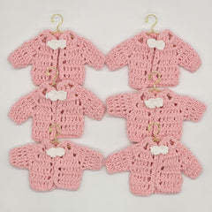 Tiny Crochet Baby Girl Party Gifts - Crochet Party Favors - Pink Mini Cardigans with White Bow Ties - Hanger & Rack Options - Handmade