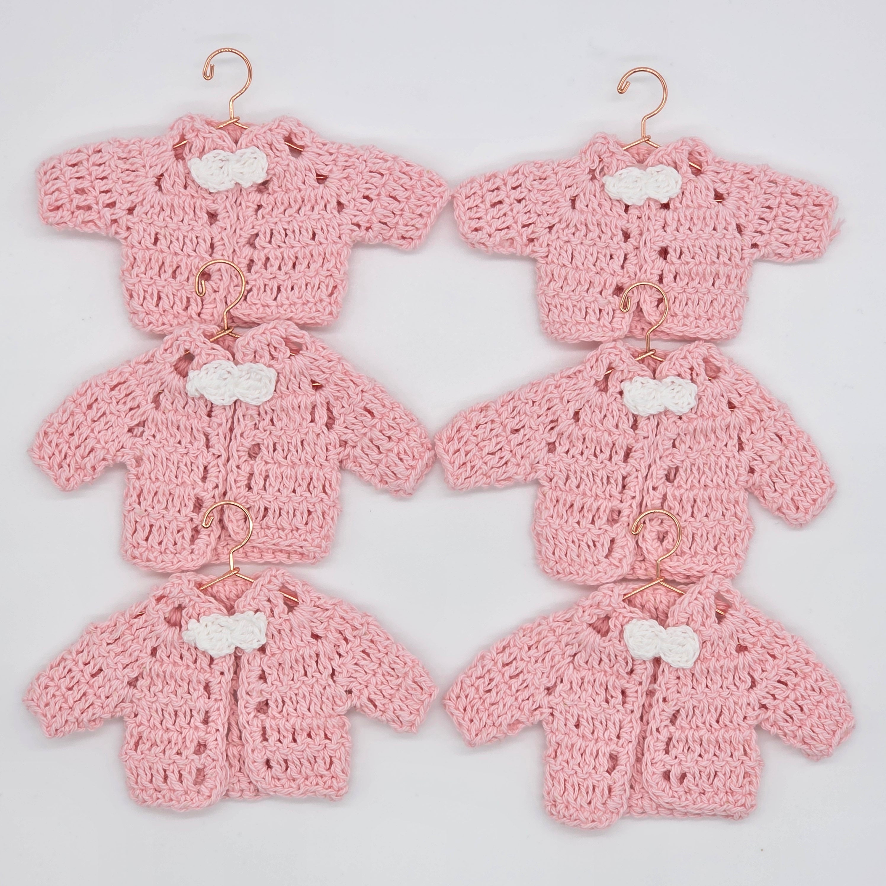 Tiny Crochet Baby Girl Party Gifts - Crochet Party Favors - Pink Mini Cardigans with White Bow Ties - Hanger & Rack Options - Handmade
