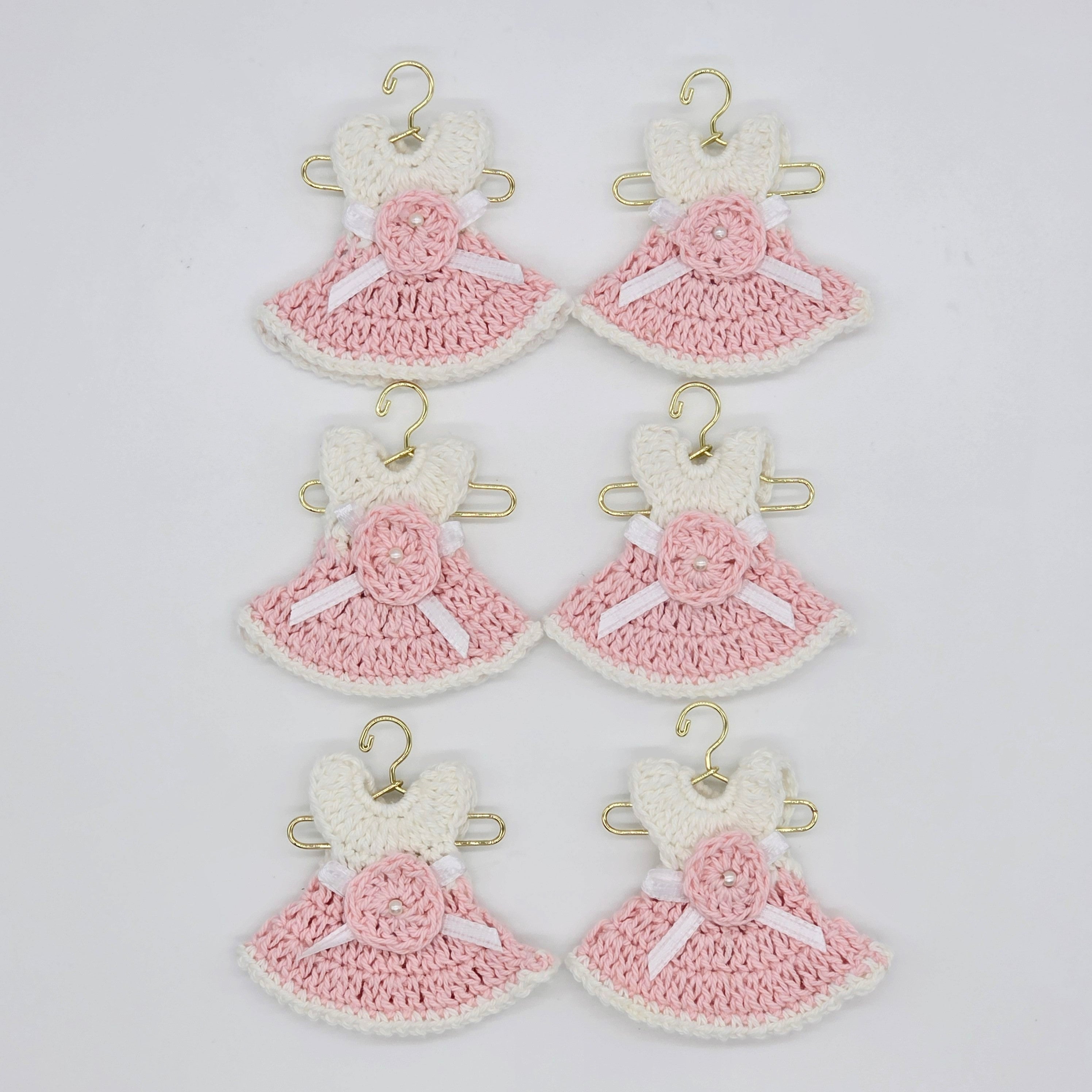 Set of 6 Mini Crochet Dress Party Gift | Unique Baby Shower Party Favor & Keepsake | Handmade Tiny Dress Decor with Hangers & Rack