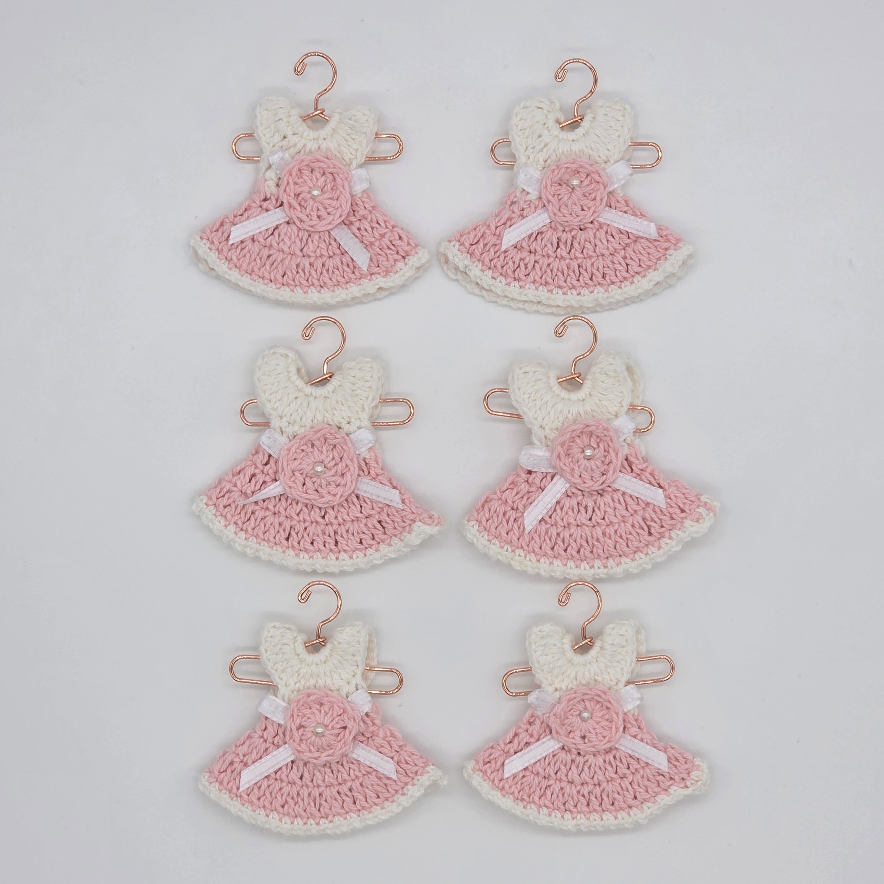 Set of 6 Mini Crochet Dress Party Gift | Unique Baby Shower Party Favor & Keepsake | Handmade Tiny Dress Decor with Hangers & Rack