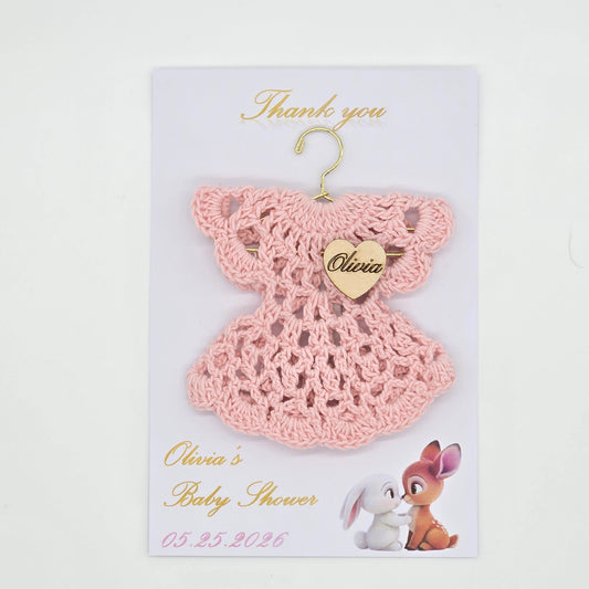 Set of 6 Personalized Baby Shower Party Gift - Custom Crochet Dress Favors with Engraved Heart & Event Date Card