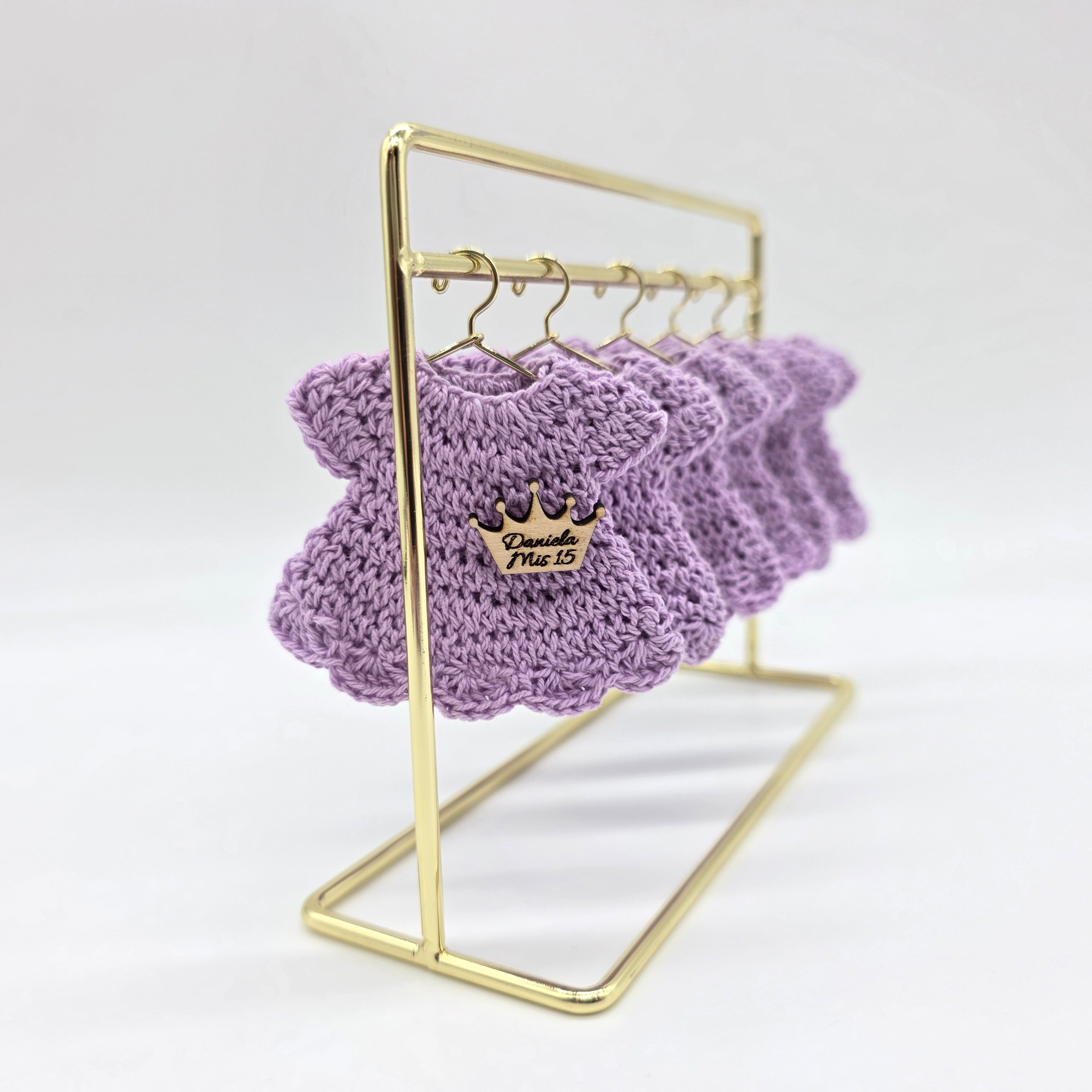Personalized Party Gift: 6pc Lilac Crochet Quinceañera Favors - Custom Name Crown Charm & Gold Hanger Personalized Party Favor
