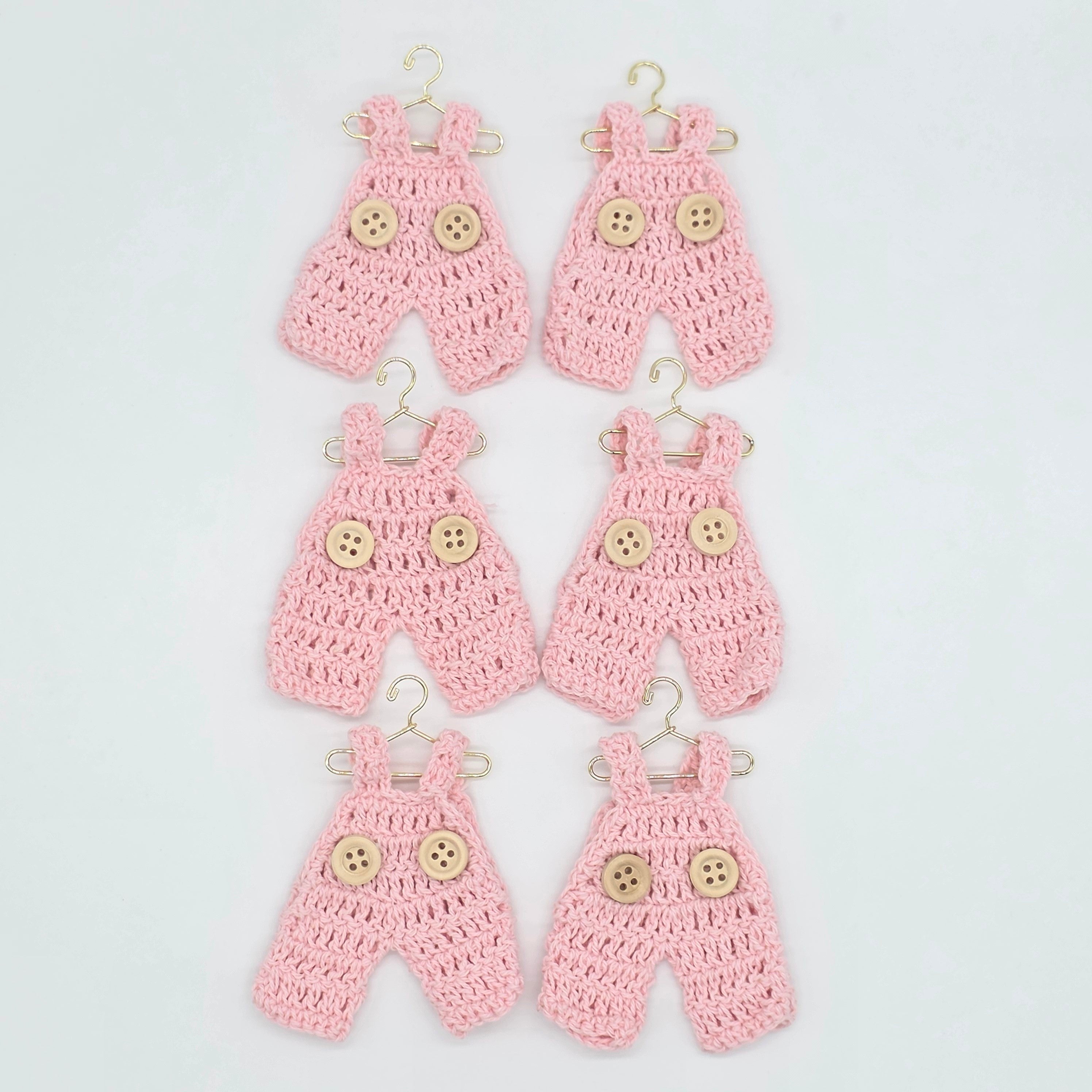 Mini Crochet Pink Overalls Set of 6 Party Gifts - Tiny Pink Party Favor for Baby Showers & Birthdays! Mini Crochet with Tiny Hangers