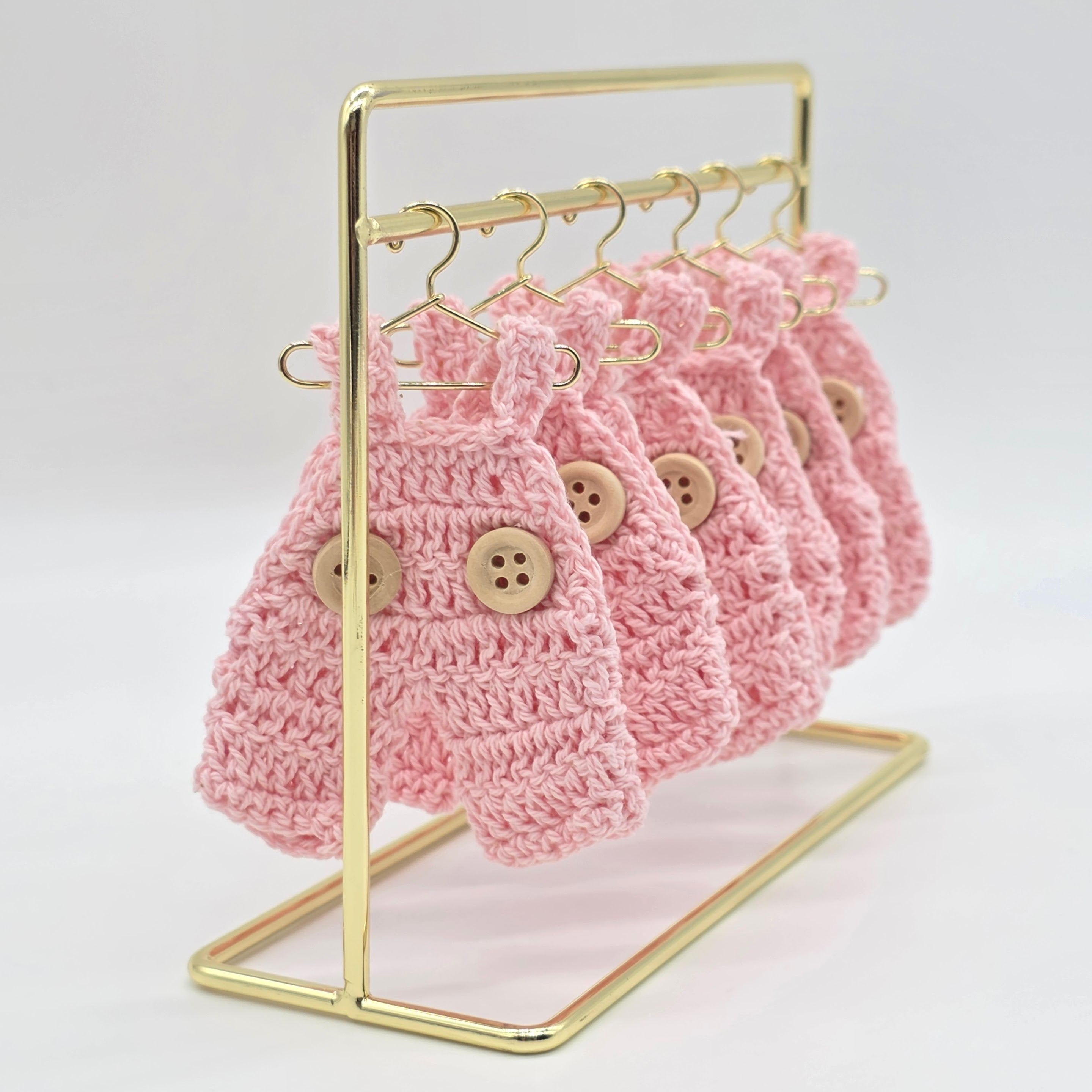 Mini Crochet Pink Overalls Set of 6 Party Gifts - Tiny Pink Party Favor for Baby Showers & Birthdays! Mini Crochet with Tiny Hangers