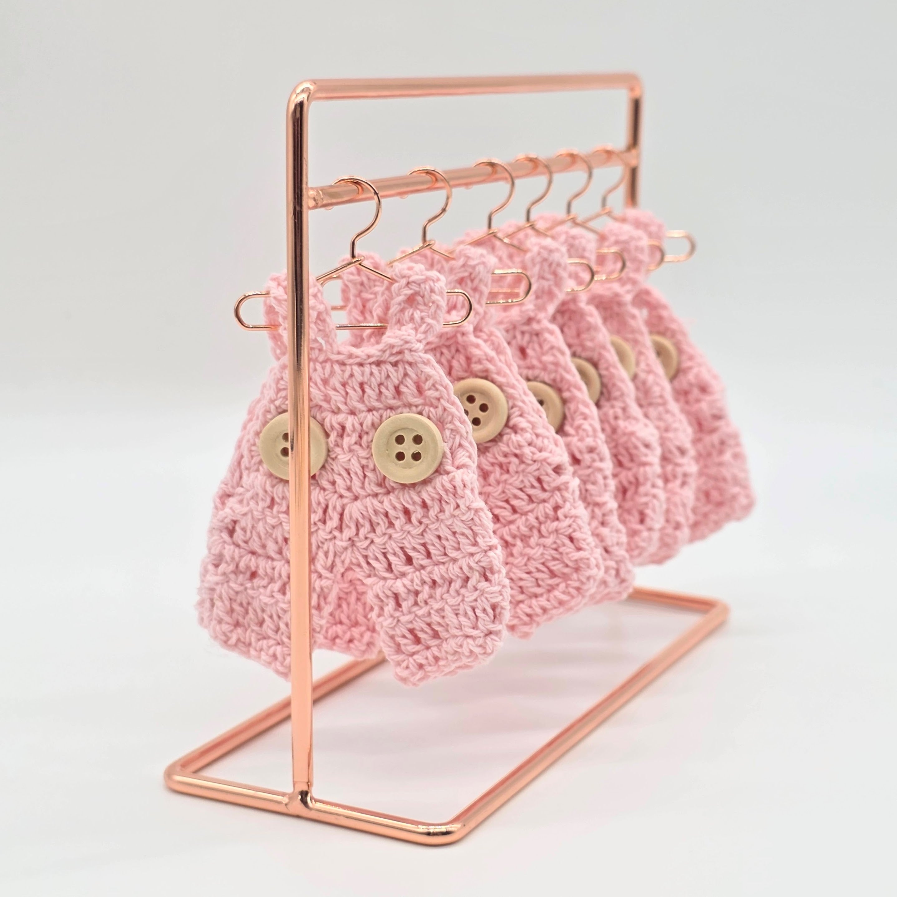 Mini Crochet Pink Overalls Set of 6 Party Gifts - Tiny Pink Party Favor for Baby Showers & Birthdays! Mini Crochet with Tiny Hangers