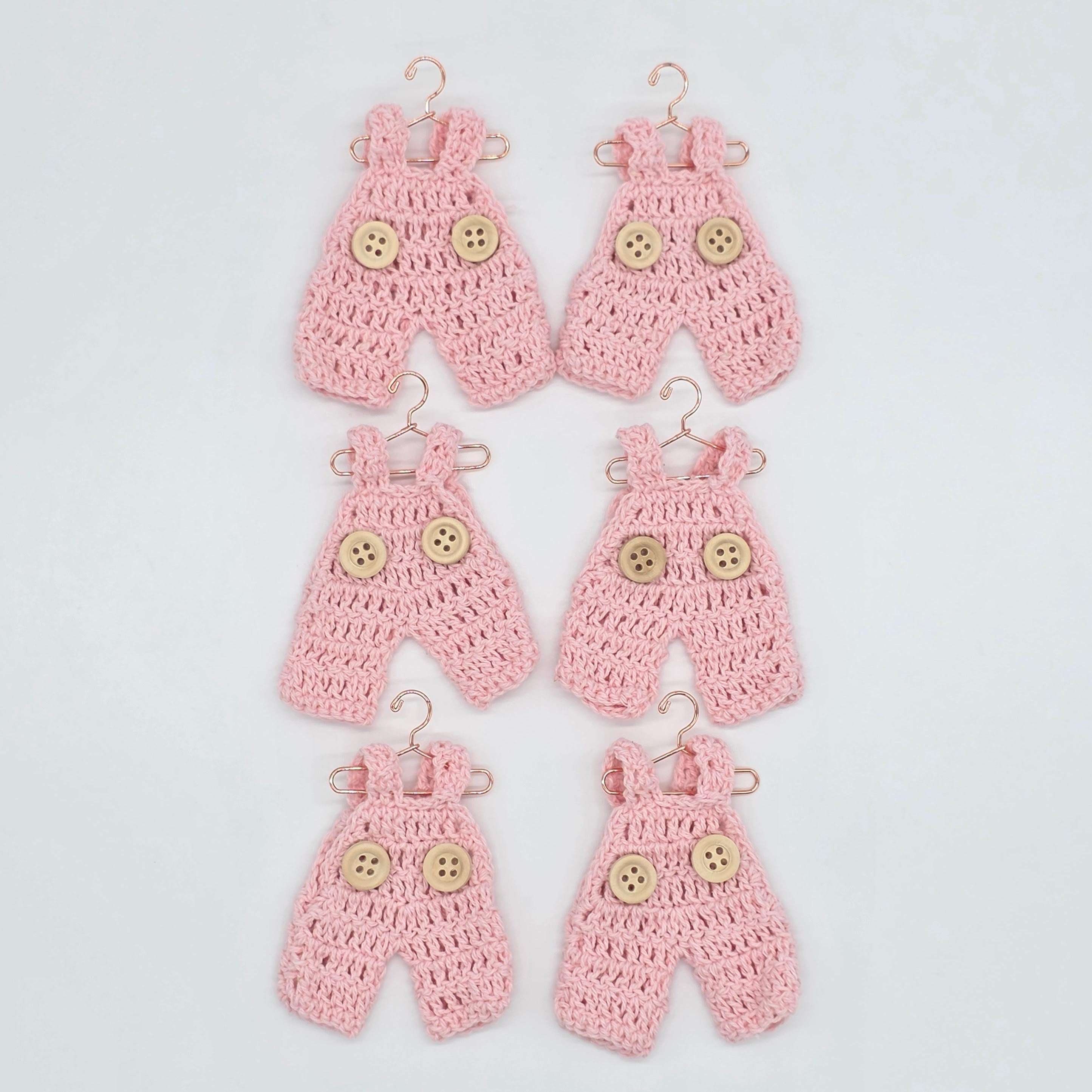 Mini Crochet Pink Overalls Set of 6 Party Gifts - Tiny Pink Party Favor for Baby Showers & Birthdays! Mini Crochet with Tiny Hangers