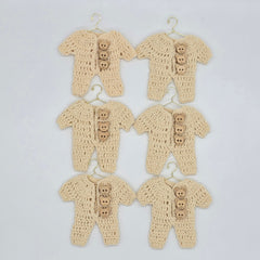 Handmade Cream Crochet Teddy Bear Party Gift - 3" Mini Crochet Party Favor Set of 6 with Wood Engraved Charms & Gold Display Option