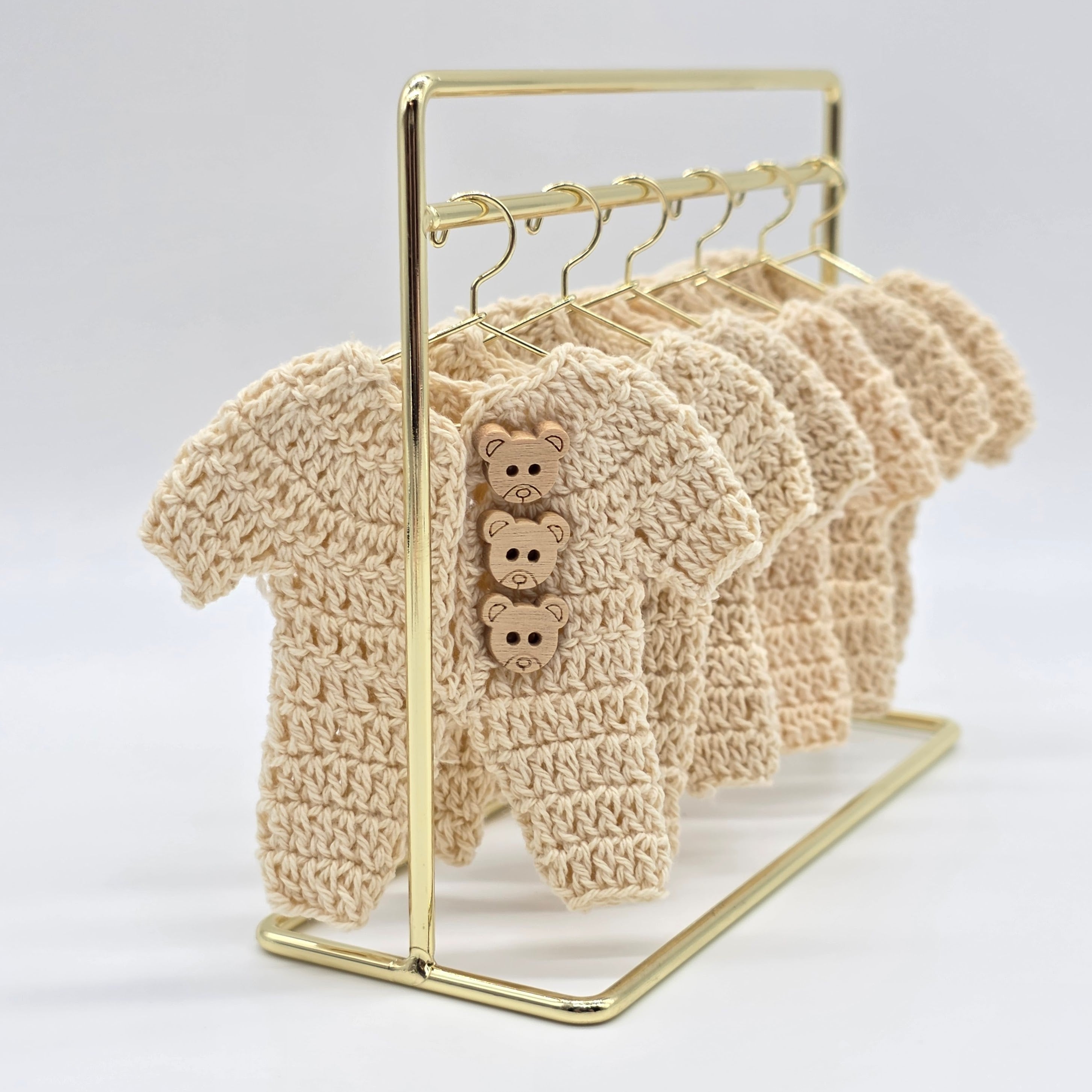 Handmade Cream Crochet Teddy Bear Party Gift - 3" Mini Crochet Party Favor Set of 6 with Wood Engraved Charms & Gold Display Option