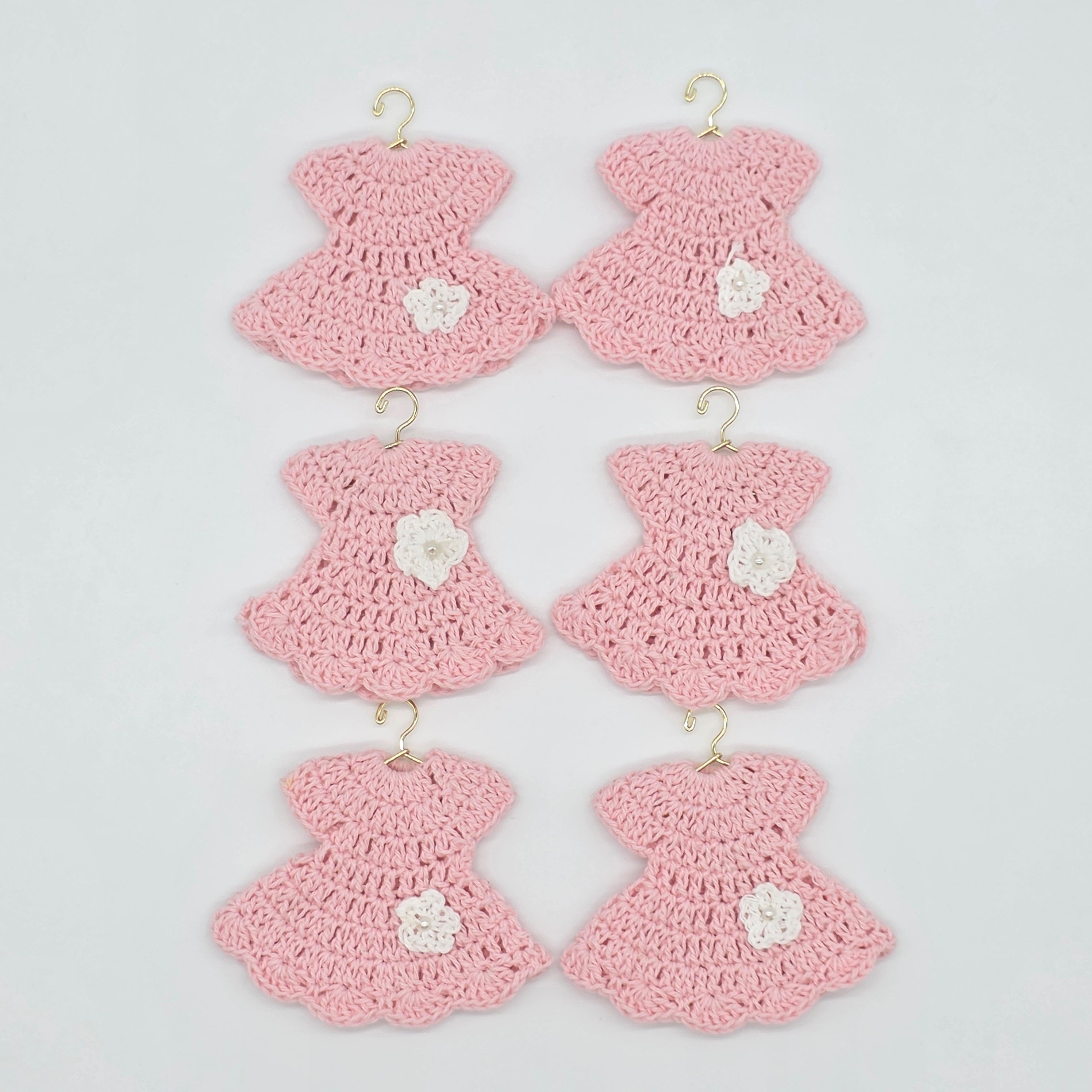 Mini Crochet Baby Pink Dress Party Favor Set of 6 | Unique Handmade Baby Shower Party Gift & Decor with Optional Gold Hangers & Rack