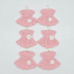 Mini Crochet Baby Pink Dress Party Favor Set of 6 | Unique Handmade Baby Shower Party Gift & Decor with Optional Gold Hangers & Rack