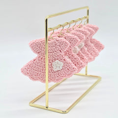 Mini Crochet Baby Pink Dress Party Favor Set of 6 | Unique Handmade Baby Shower Party Gift & Decor with Optional Gold Hangers & Rack