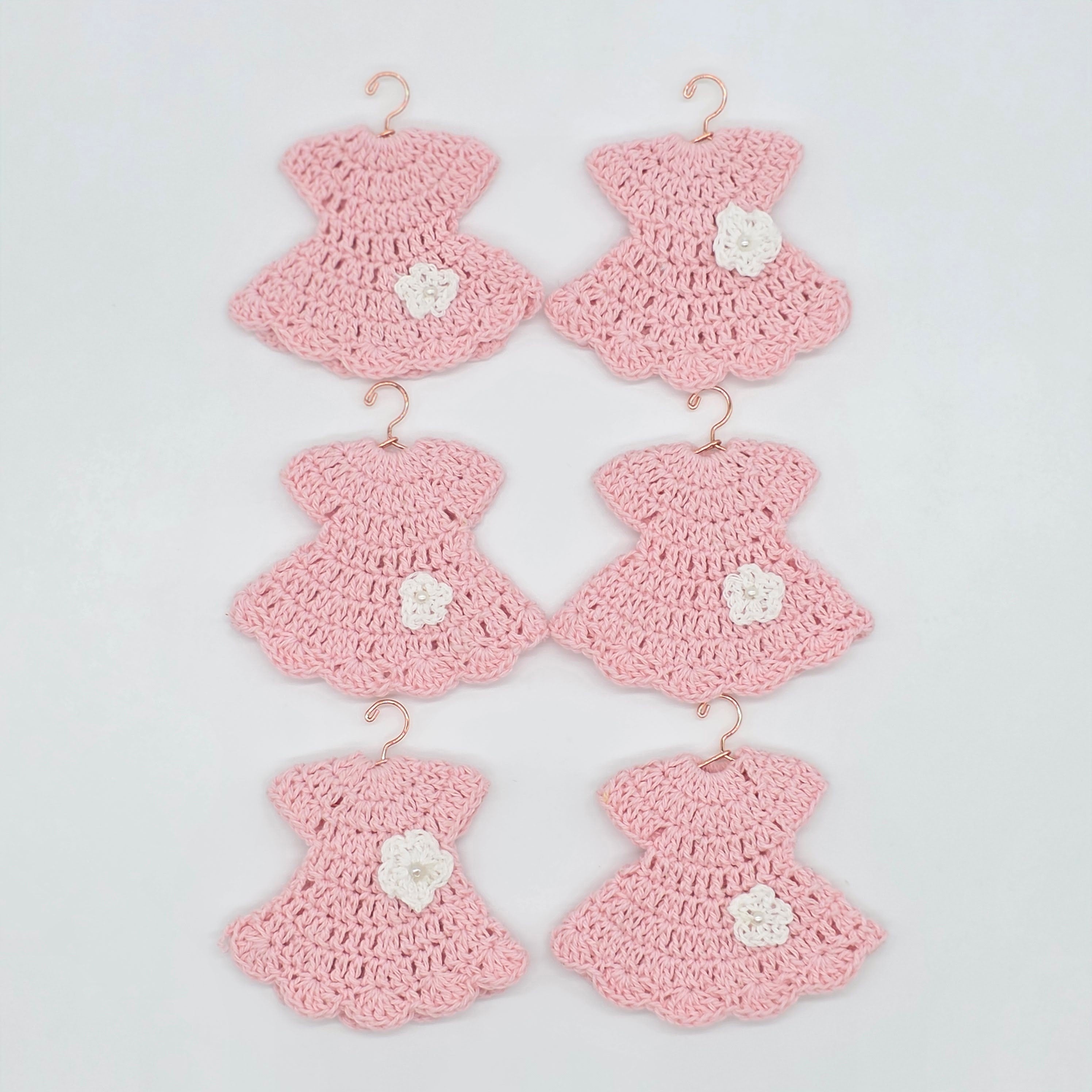 Mini Crochet Baby Pink Dress Party Favor Set of 6 | Unique Handmade Baby Shower Party Gift & Decor with Optional Gold Hangers & Rack