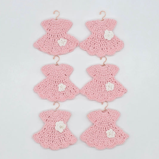 Mini Crochet Baby Pink Dress Party Favor Set of 6 | Unique Handmade Baby Shower Party Gift & Decor with Optional Gold Hangers & Rack