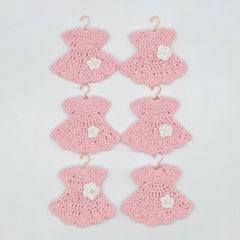 Mini Crochet Baby Pink Dress Party Favor Set of 6 | Unique Handmade Baby Shower Party Gift & Decor with Optional Gold Hangers & Rack