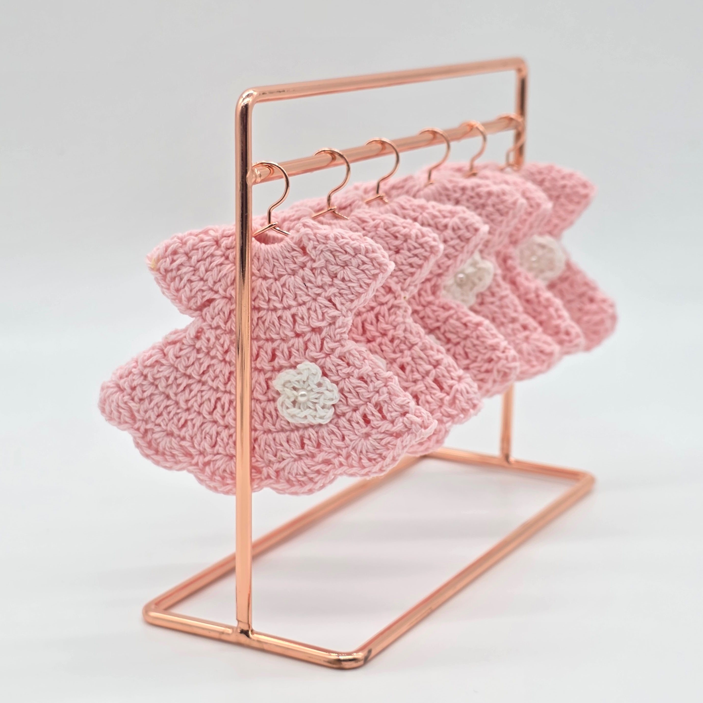 Mini Crochet Baby Pink Dress Party Favor Set of 6 | Unique Handmade Baby Shower Party Gift & Decor with Optional Gold Hangers & Rack
