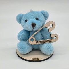 Personalized Teddy Bear Baby Shower Party Favors - 6 pcs - Blue Plush Bear Party Gift with Custom Name & Wooden Base - We Can Bearly Wait